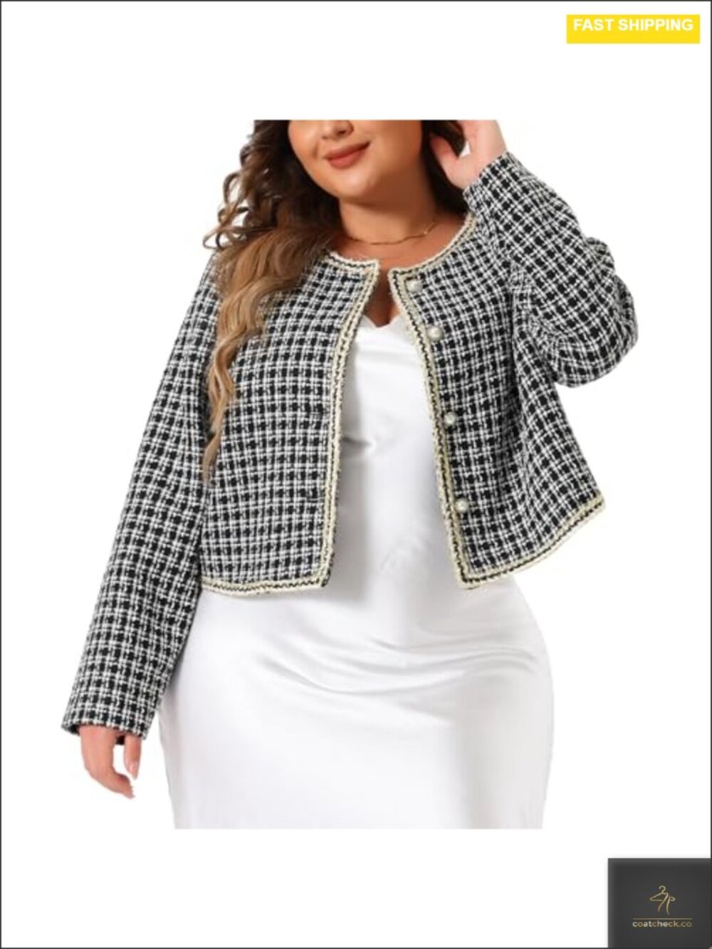 Plus Size Plaid Tweed Blazer Collarless Long Sleeve Open Front Work Jacket